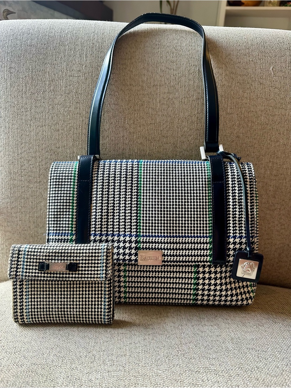 Lauren by Ralph Lauren Houndstooth Plaid Shoulder Bag Navy Trim with Wallet